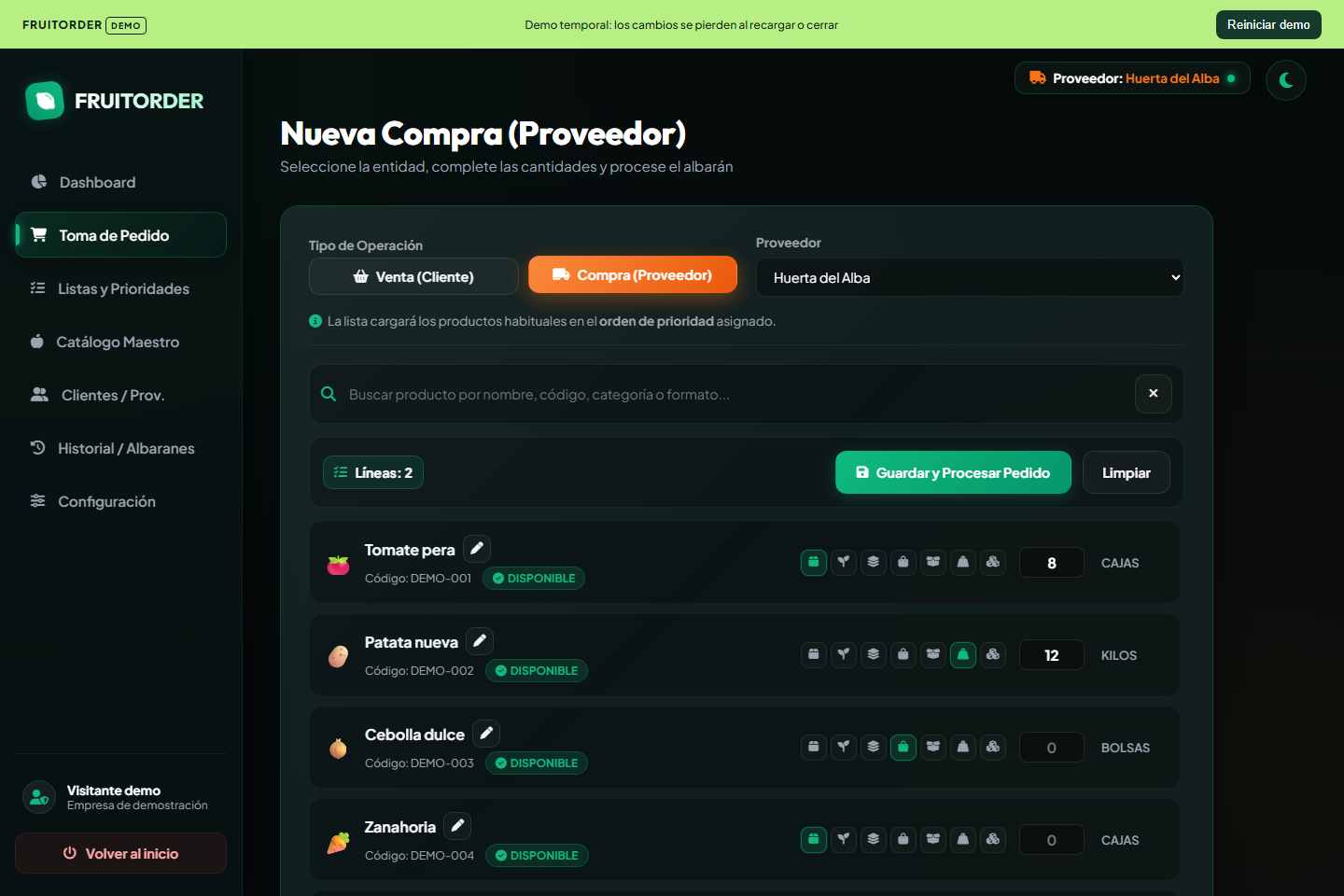 Buscador y cantidades de productos en la demo de pedidos